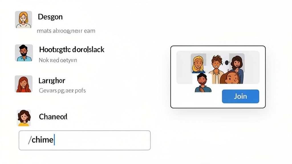 A chat application interface with user profiles and a video call pop-up showing 'Join' button.