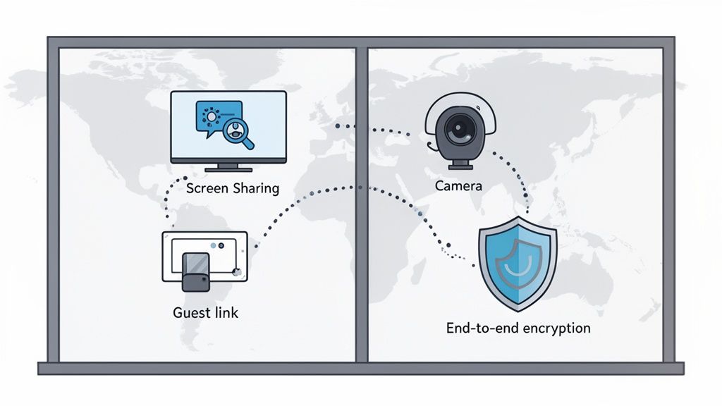 Diagram illustrating secure online meeting features including screen sharing, guest links, camera, and end-to-end encryption.