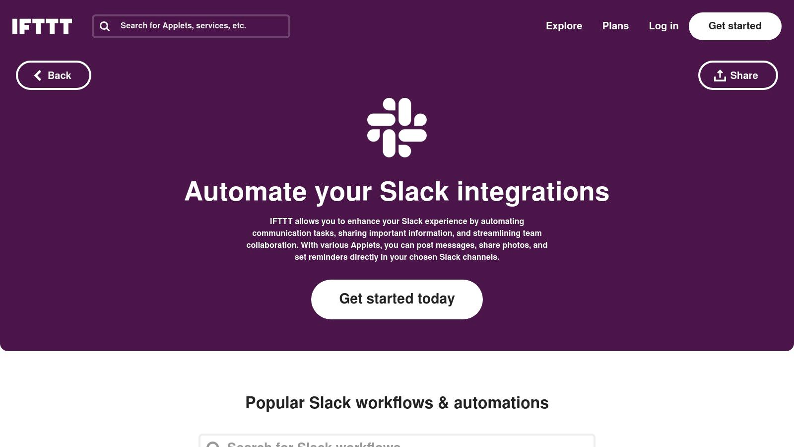 IFTTT – Slack Service Page