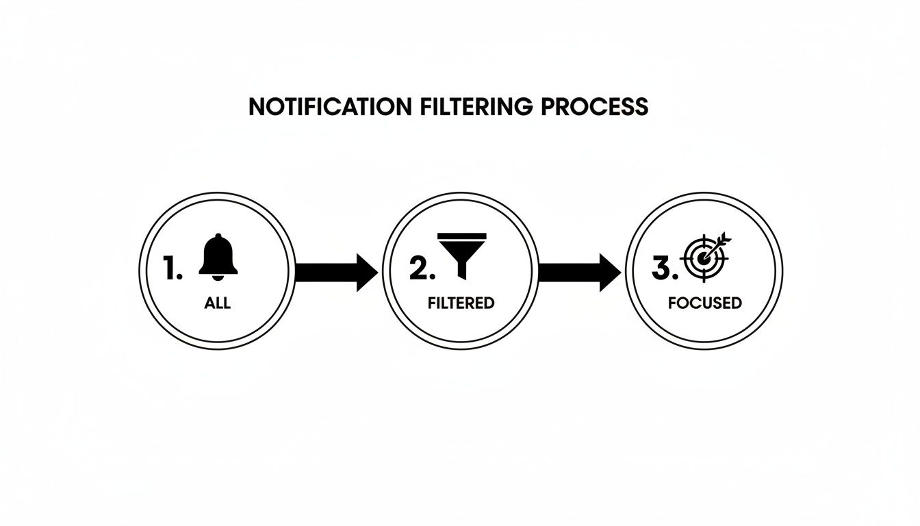 A diagram illustrating the notification filtering process from 'All' notifications to 'Filtered' and then 'Focused' results.