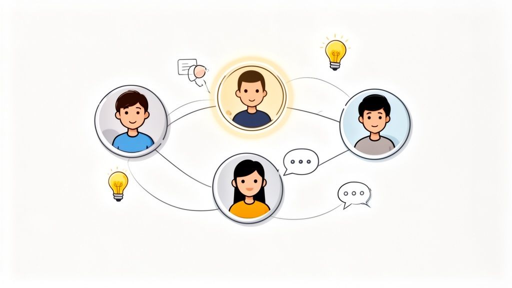 Cartoon people avatars linked in a network, with idea lightbulbs and speech bubbles for collaboration.
