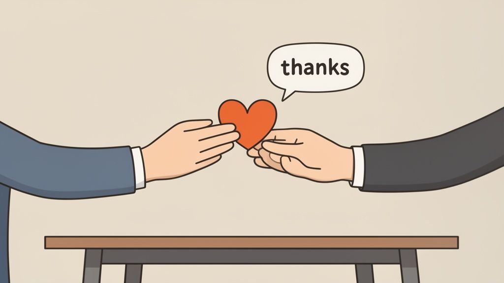 Two hands exchange a red heart over a table, with a speech bubble saying 'thanks'.