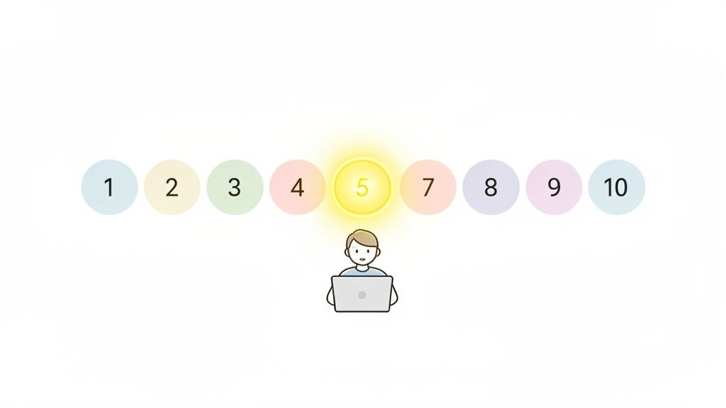 An illustration of a person choosing '5' on a numerical rating scale from one to ten.