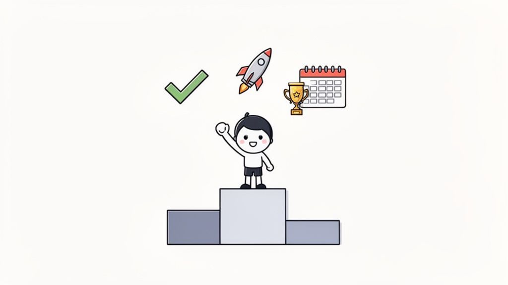 A cartoon boy celebrates on a winner's podium with icons of success: checkmark, rocket, trophy, and calendar.