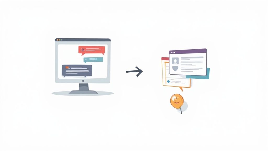 Digital illustration depicting chat messages from a computer screen transforming into structured tickets and user profiles.