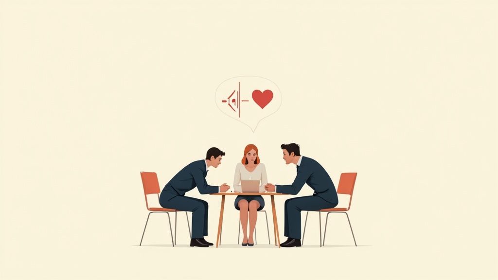 A manager offering supportive guidance to a team member in a well-lit, collaborative office space.