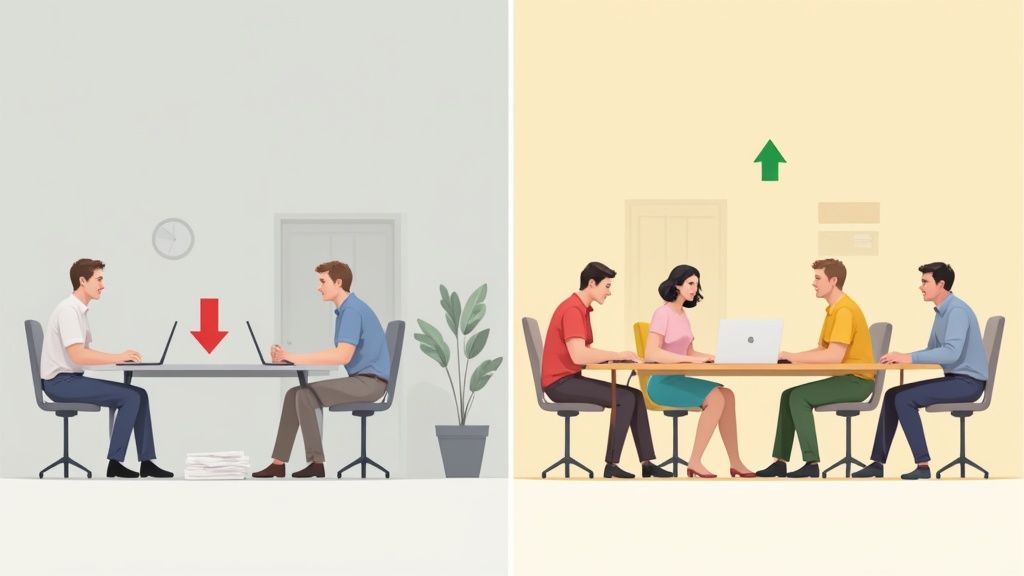 A diverse group of colleagues collaborating and smiling in a modern office space, illustrating a positive workplace culture.