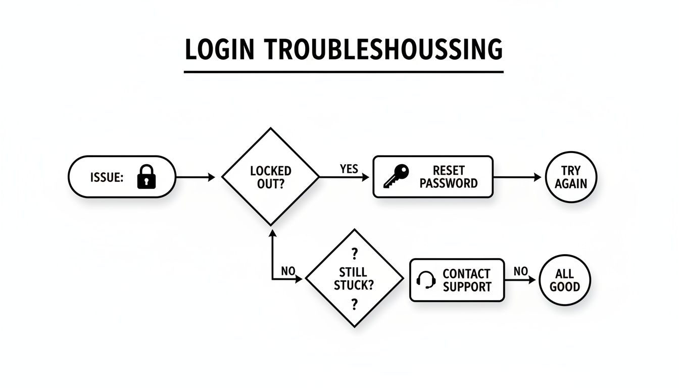 Flowchart illustrating steps for login troubleshooting, including resetting password and contacting support.