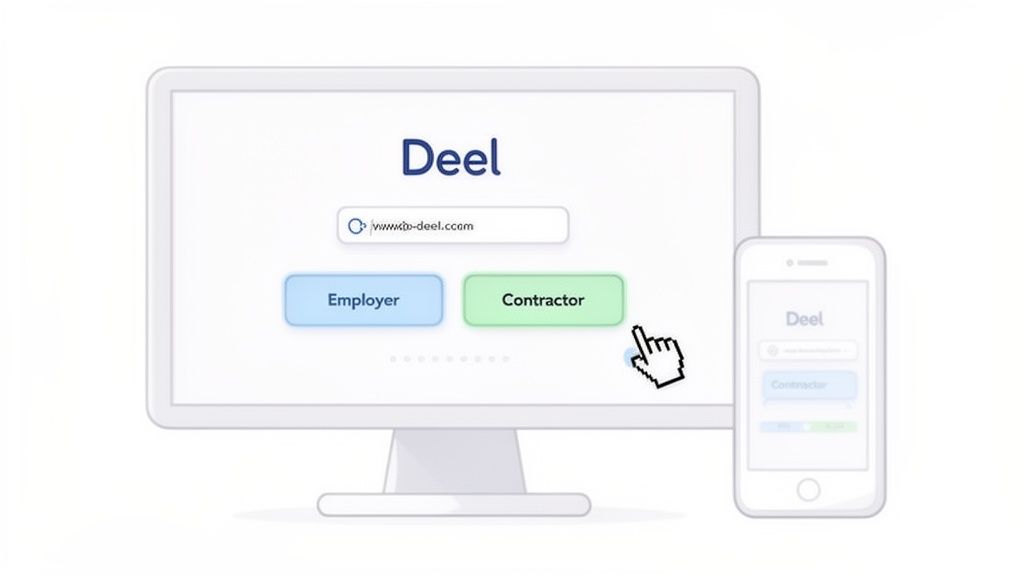 A computer screen and mobile phone display the Deel platform, showing a user selecting 'Contractor'.