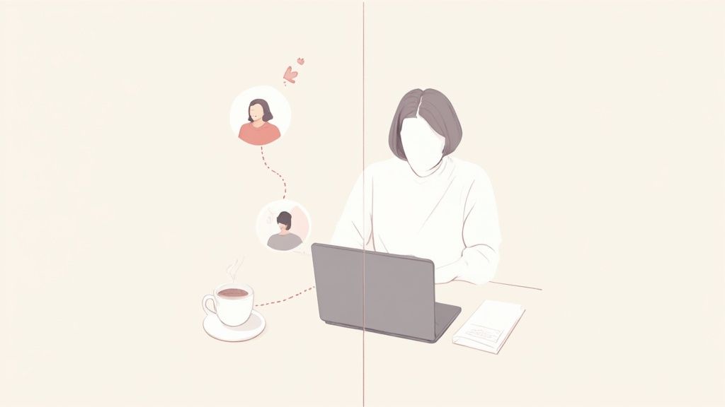 An illustration of a woman working on a laptop, connected virtually with two people, with a coffee cup nearby.
