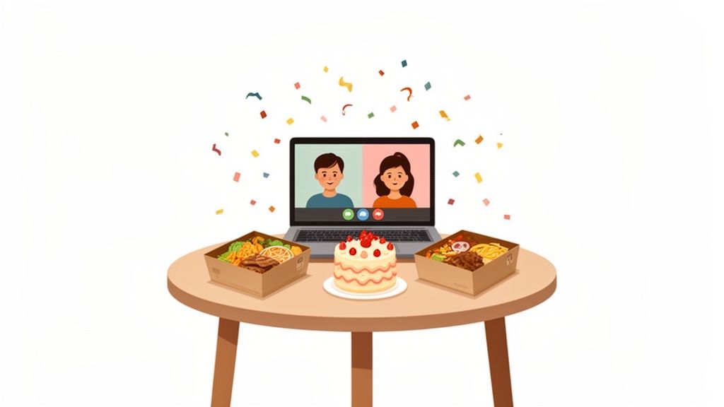 A laptop on a table shows a video call with two people, surrounded by food boxes, a cake, and confetti, symbolizing a virtual celebration.