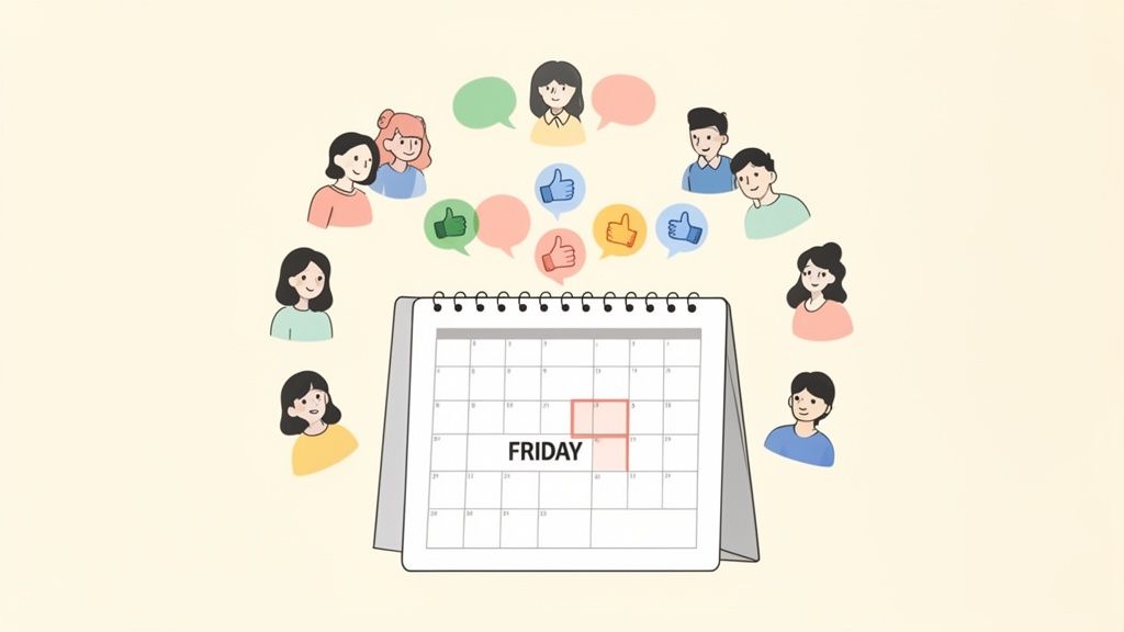 Cartoon people giving thumbs up and speech bubbles around a calendar highlighting Friday, symbolizing employee appreciation.
