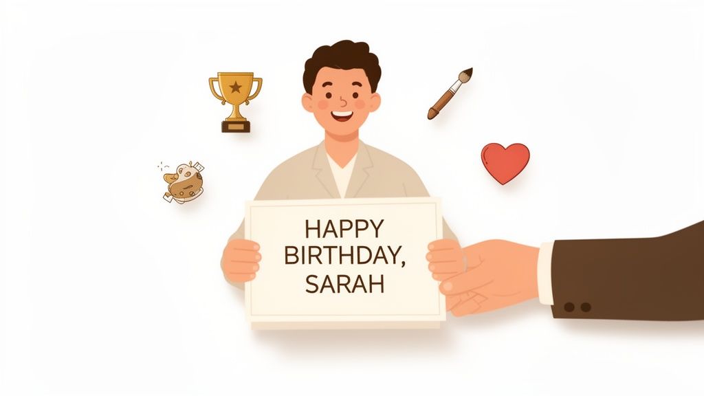 An illustration of a man holding a 'Happy Birthday, Sarah' sign, surrounded by positive icons.