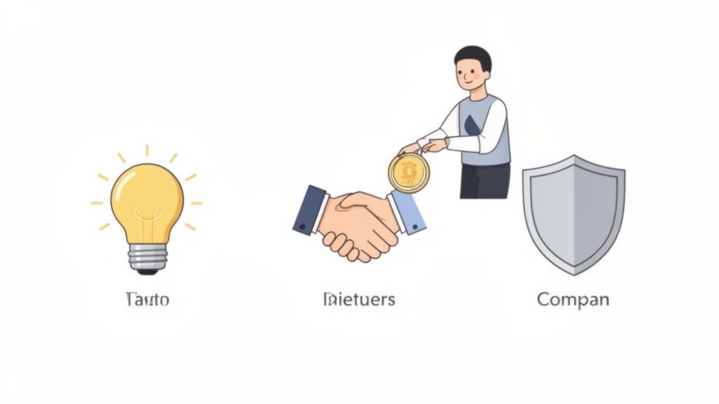 Illustration showing a lightbulb for ideas, a handshake with a coin for exchange, and a shield for security.