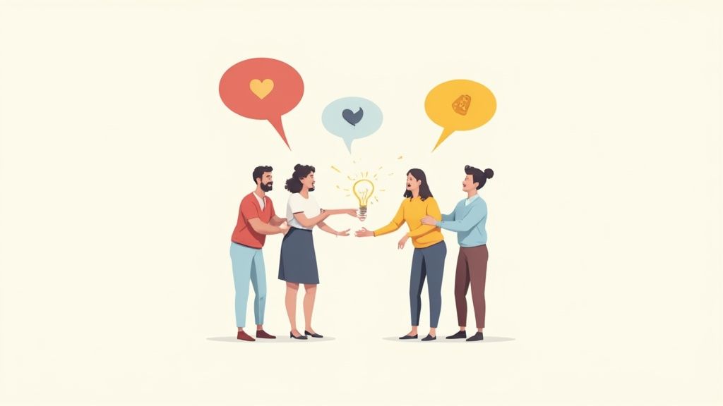 Four diverse professionals collaborating and sharing ideas with lightbulb symbolizing teamwork and innovation