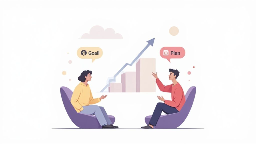 Two people discuss goals and plans for business growth with a rising bar chart.