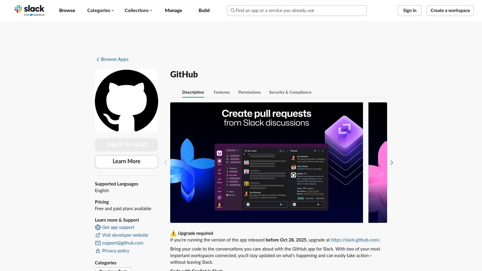 Slack Marketplace — GitHub app (official)