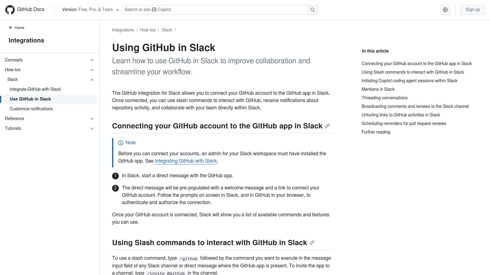 GitHub Docs — Using GitHub in Slack