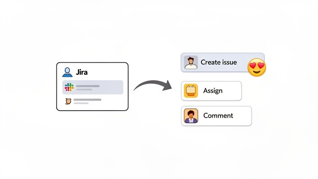 Jira integration diagram showing quick actions: create issue, assign, and comment.