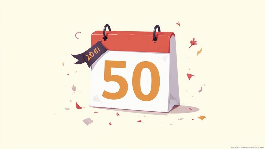 A celebratory desk calendar displaying the number '50' with a '2061' tag and scattered confetti.