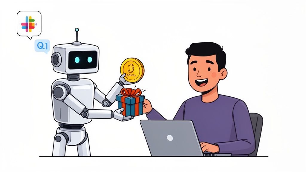 A robot gives a gift and points coin to a happy man working on a laptop, with Slack Q1 bubble.