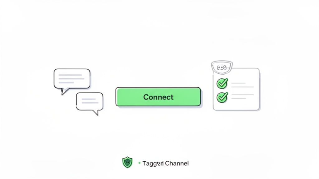 Visual representing an integration process: chat bubbles, a 'Connect' button, and a success checklist.