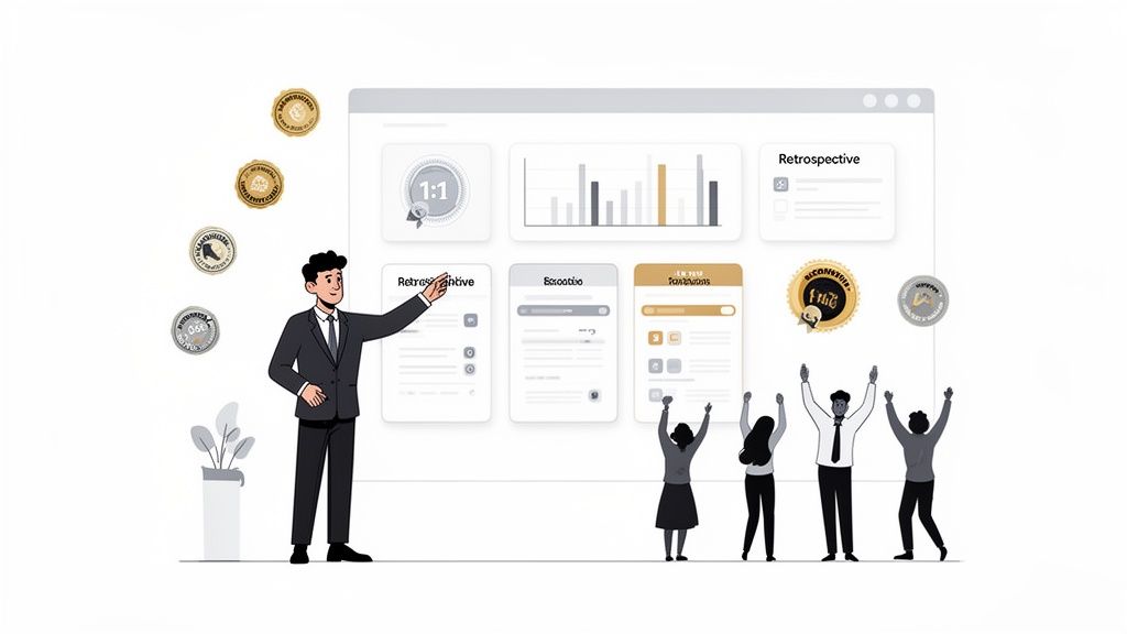 Businessman presenting data dashboards on a large screen to an excited team celebrating achievements.