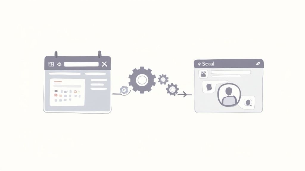 An illustration showing an Outlook calendar connecting to a Slack-like social app via gears, symbolizing integration.