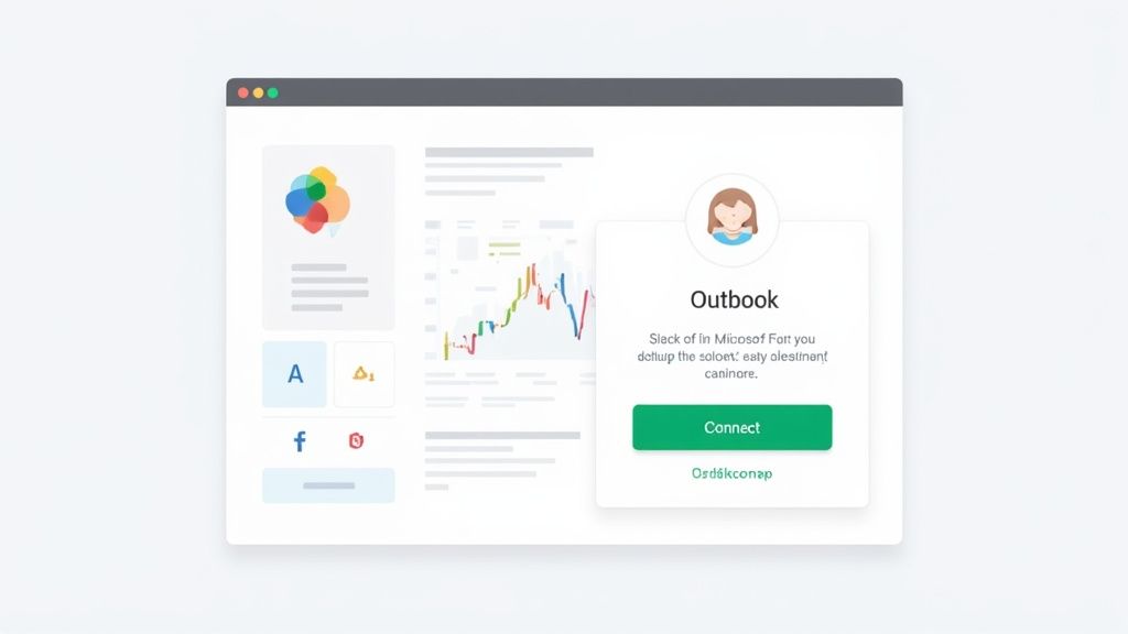 A browser interface displaying a dashboard with charts and a pop-up window to connect Outlook.