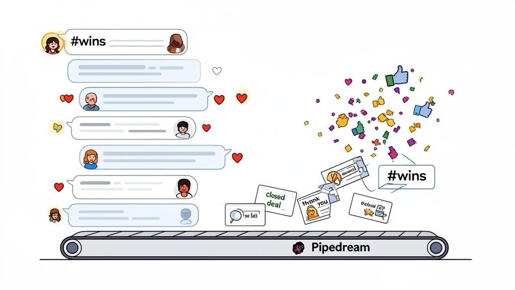 Pipedream automates turning team chat 'wins' and 'deals' into a vibrant confetti and reaction celebration.