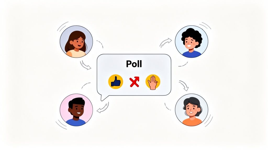 Simple Poll in Slack - Four diverse people interact with a central online poll featuring thumbs up, cross, and hand icons.
