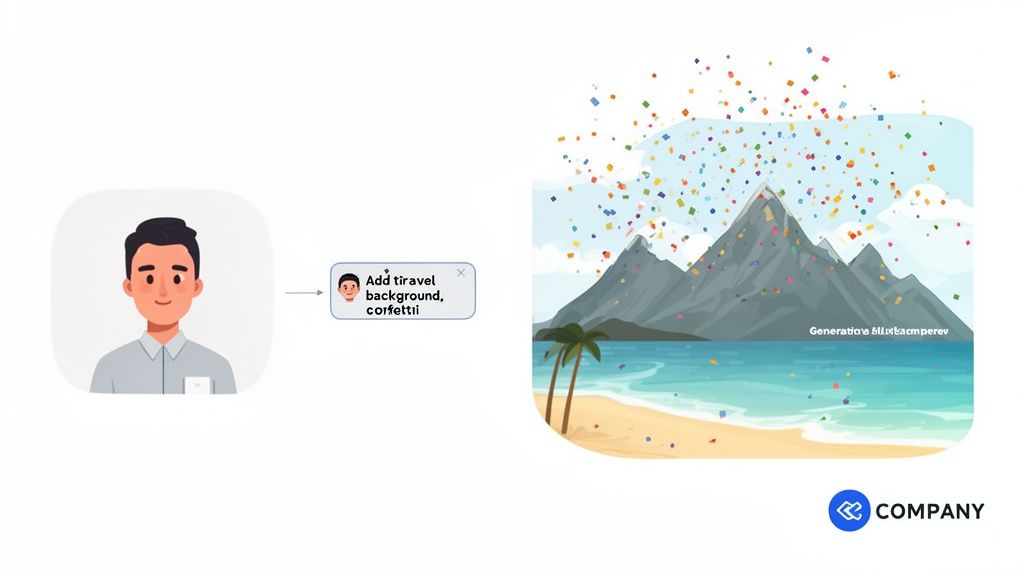 An avatar prompts an AI to generate a vibrant travel background with mountains, beach, and confetti.
