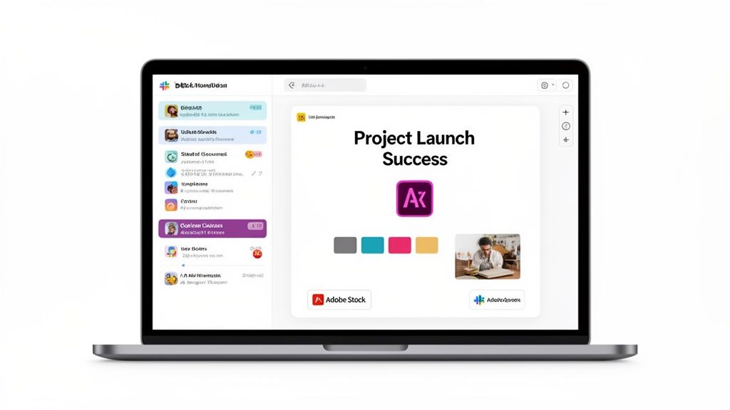 A laptop screen displays Slack with a 'Project Launch Success' message, Adobe Express logo, and integrations.