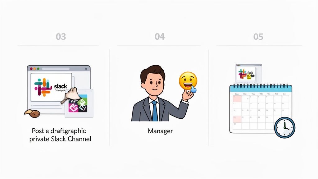 A three-step workflow: drafting graphics in Slack, manager approval with a thumbs-up emoji, and content scheduling.