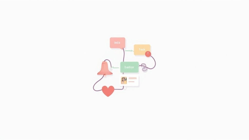 A colorful flowchart illustrating a workflow with notes, tasks, a user profile, and notifications.