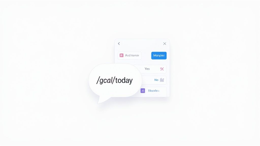 A speech bubble shows the '/gcal/today' command over a calendar-like interface with 'Yes' and 'No' options.