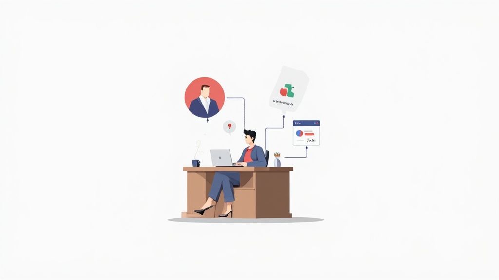 An illustration of a person at a desk working on a laptop, connected to digital tools and contacts.