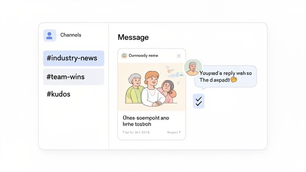 A messaging app interface showing channels like #industry-news and a message thread with an image and replies.