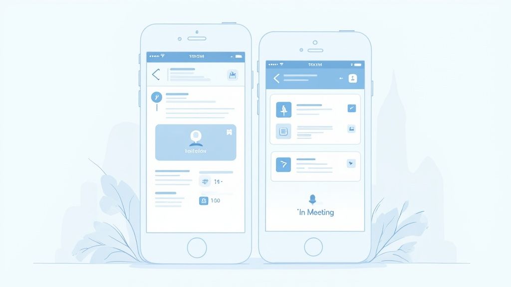 Two smartphone screens displaying mobile app interfaces for calendar integration and meeting status management