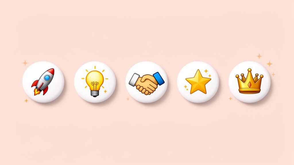 Five circular tokens displaying icons of a rocket, light bulb, handshake, star, and crown on a pink background.