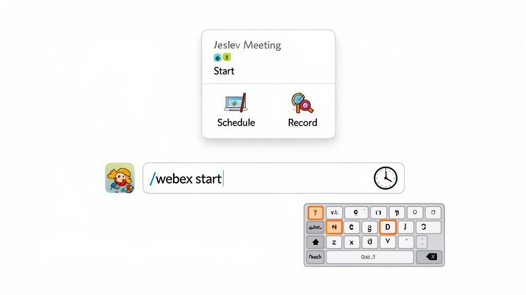 A screenshot displaying a Webex meeting interface with start, schedule, and record options, a search bar, and a virtual keyboard.