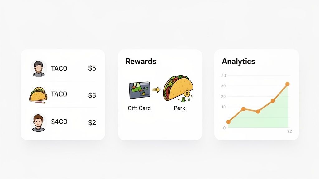 Three digital cards display HeyTaco app features: transactions list, gift card rewards, and an analytics graph.