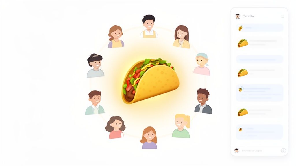 Diverse user avatars surrounding a glowing taco emoji, depicted with a mobile chat interface featuring taco messages.