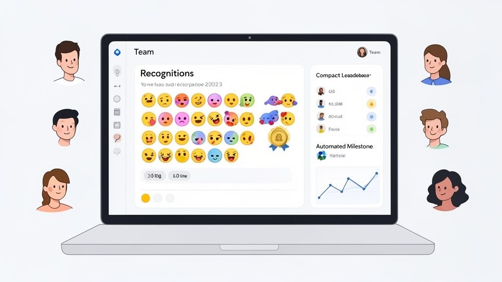 A laptop displays a team recognition app with emojis, a leaderboard, and growth chart, surrounded by diverse cartoon avatars.