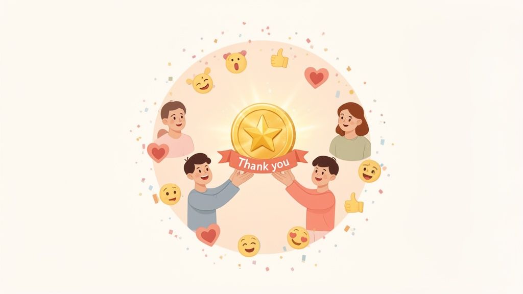 Two men present a golden 'Thank you' medal, surrounded by appreciative team members and positive emojis.