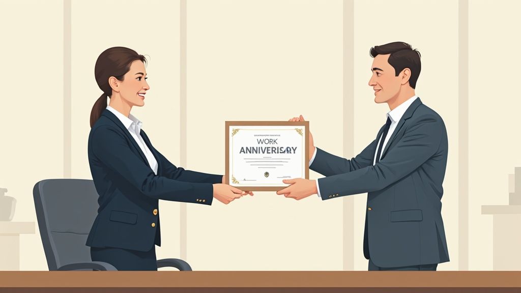 A smiling man and woman in business attire exchange a "Work Anniversary" certificate in an office.