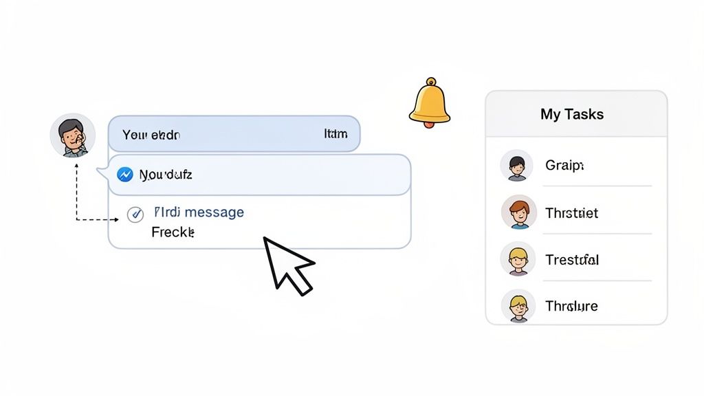 A user interface displaying chat messages, a notification bell, a 'My Tasks' list, and a cursor.