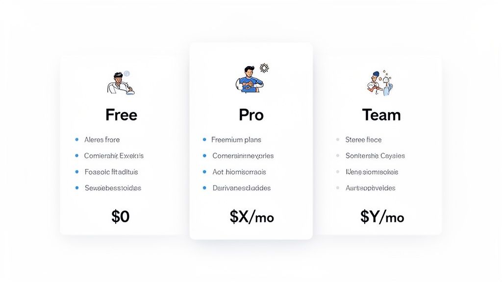 A pricing comparison table showing Free, Pro, and Team plans with features and monthly costs.