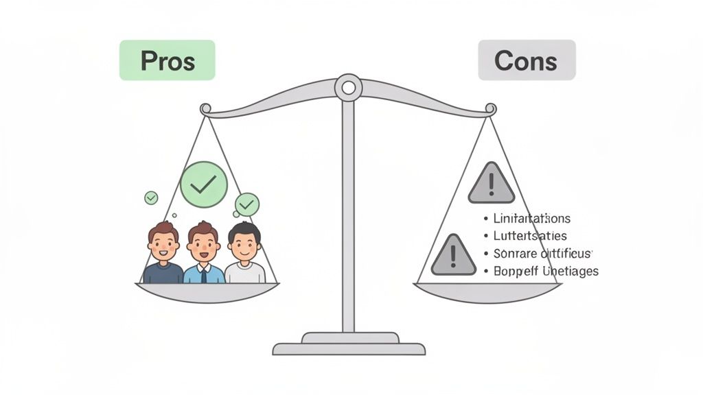 A balanced scale illustrating pros and cons, with positive aspects on the left and negative points on the right.