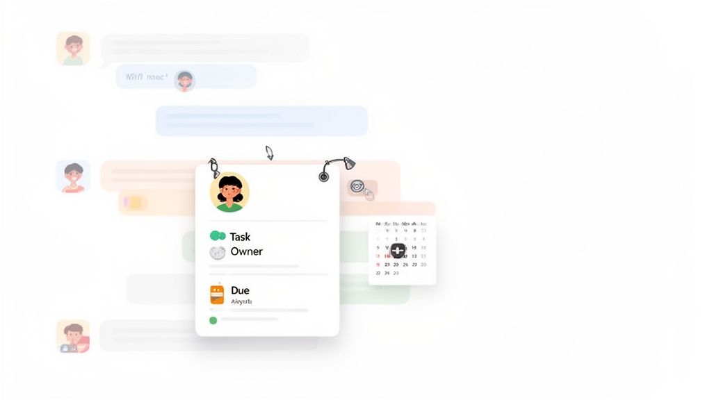 Digital workspace showing messages, a task management card with owner and due date, and a calendar.